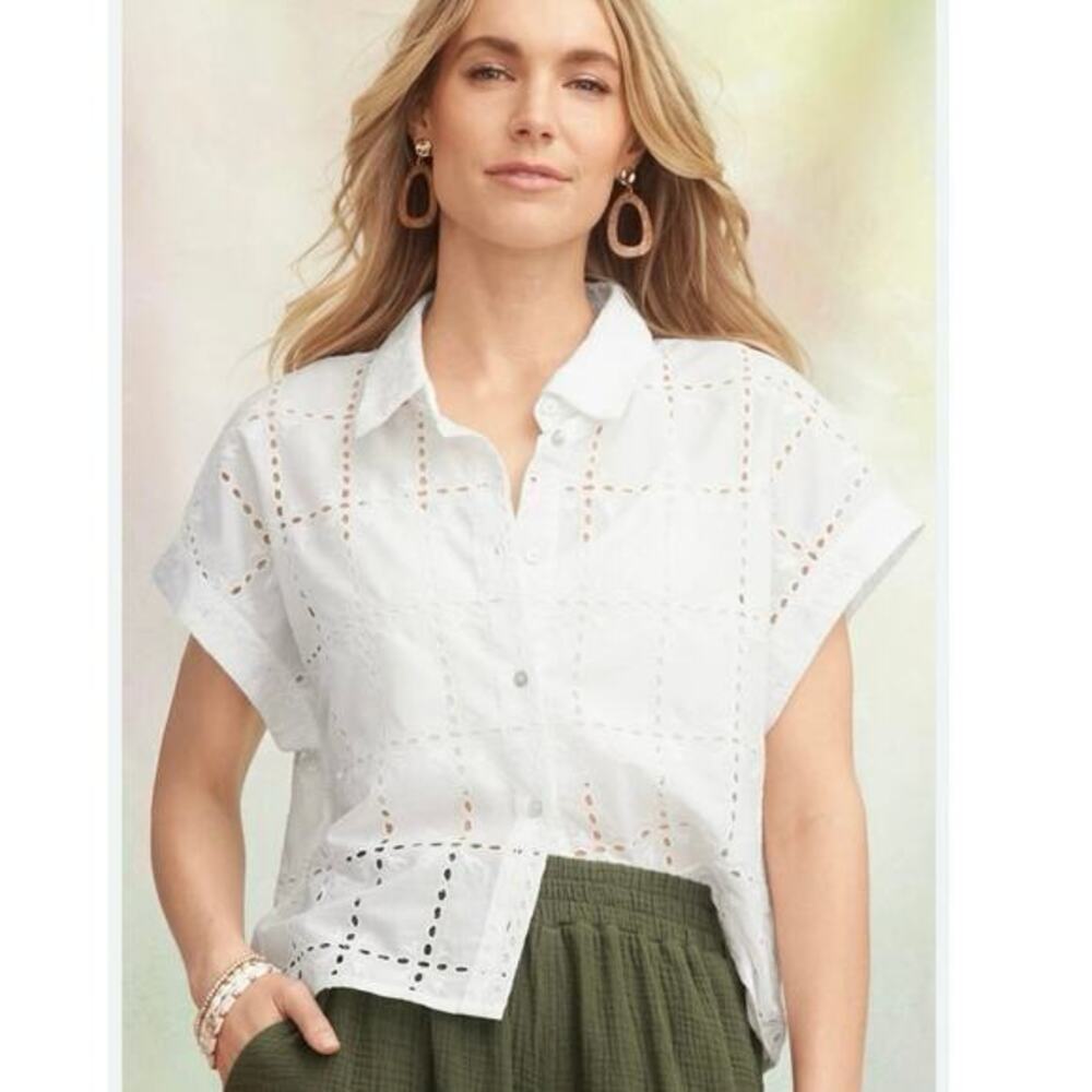 VIGOSS NWT Womens Cottagecore Country Eyelet Button Down Crop Shirt‎ White XXL